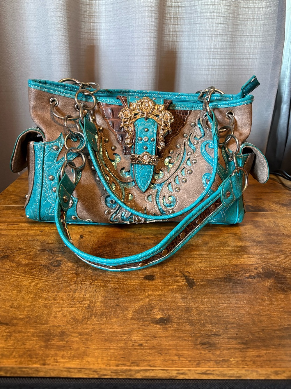 Cowgirl Trendy Turquoise & Brown Embellished Women's Tote